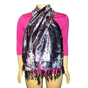 Magnus Gun Metal Silver Crushed Velvet Fringe Scarf
